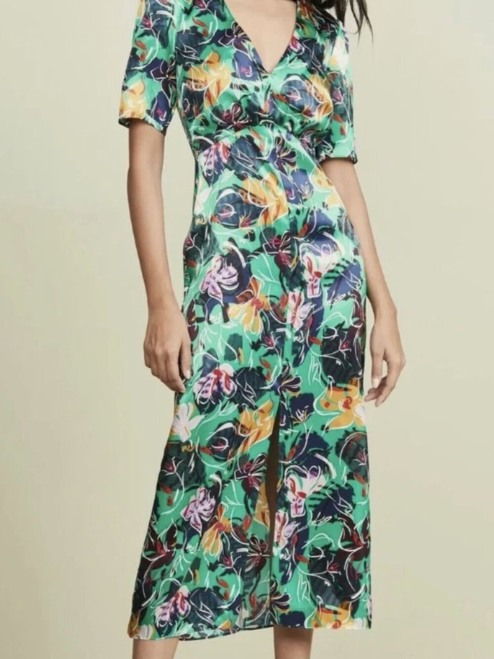 Saloni Eden Emerald Green Floral 100% Silk Midi Maxi Dress Size US 8